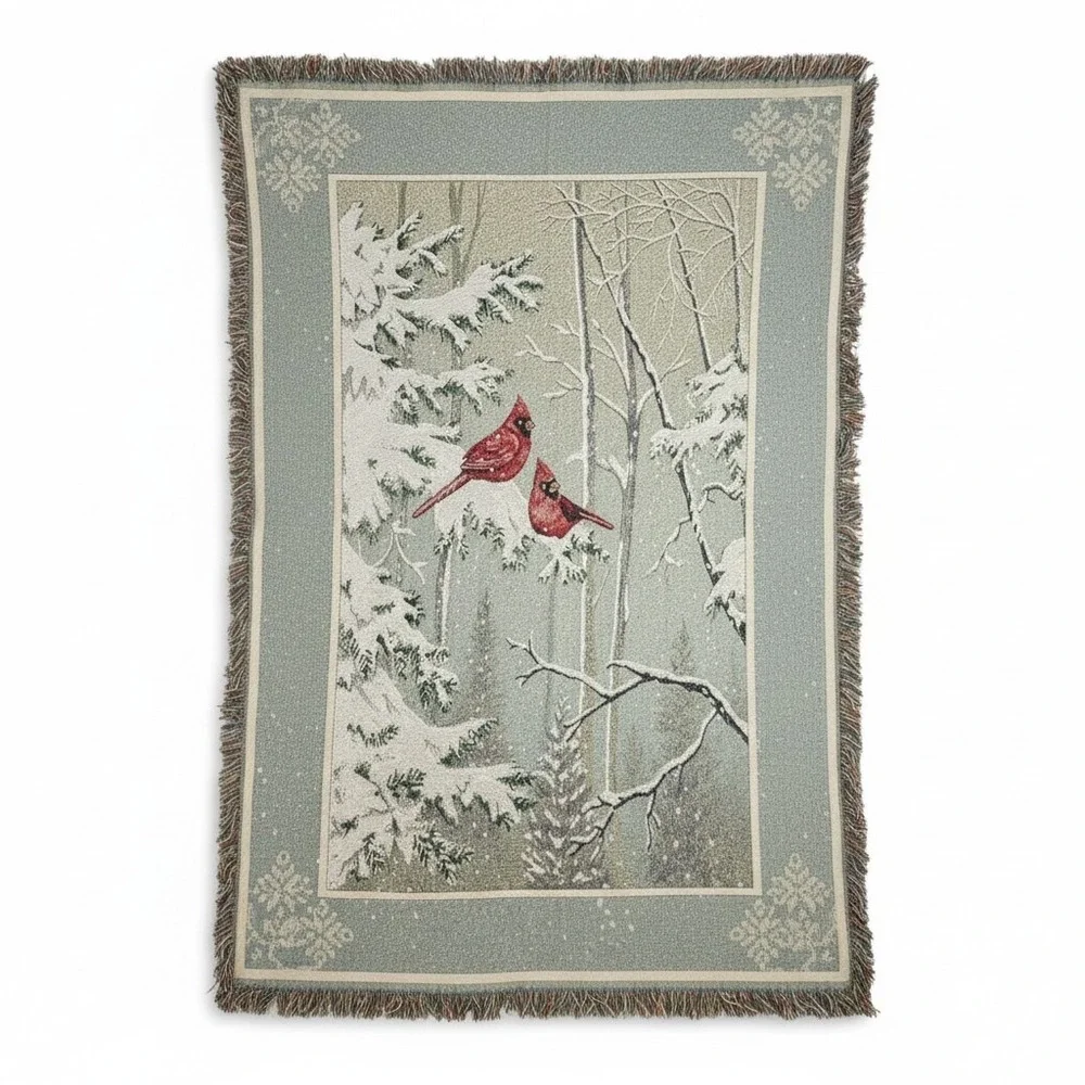 Vintage Woven Tapestry Throw Blanket Red Cardinals Winter Snow Scene Fringe Edge